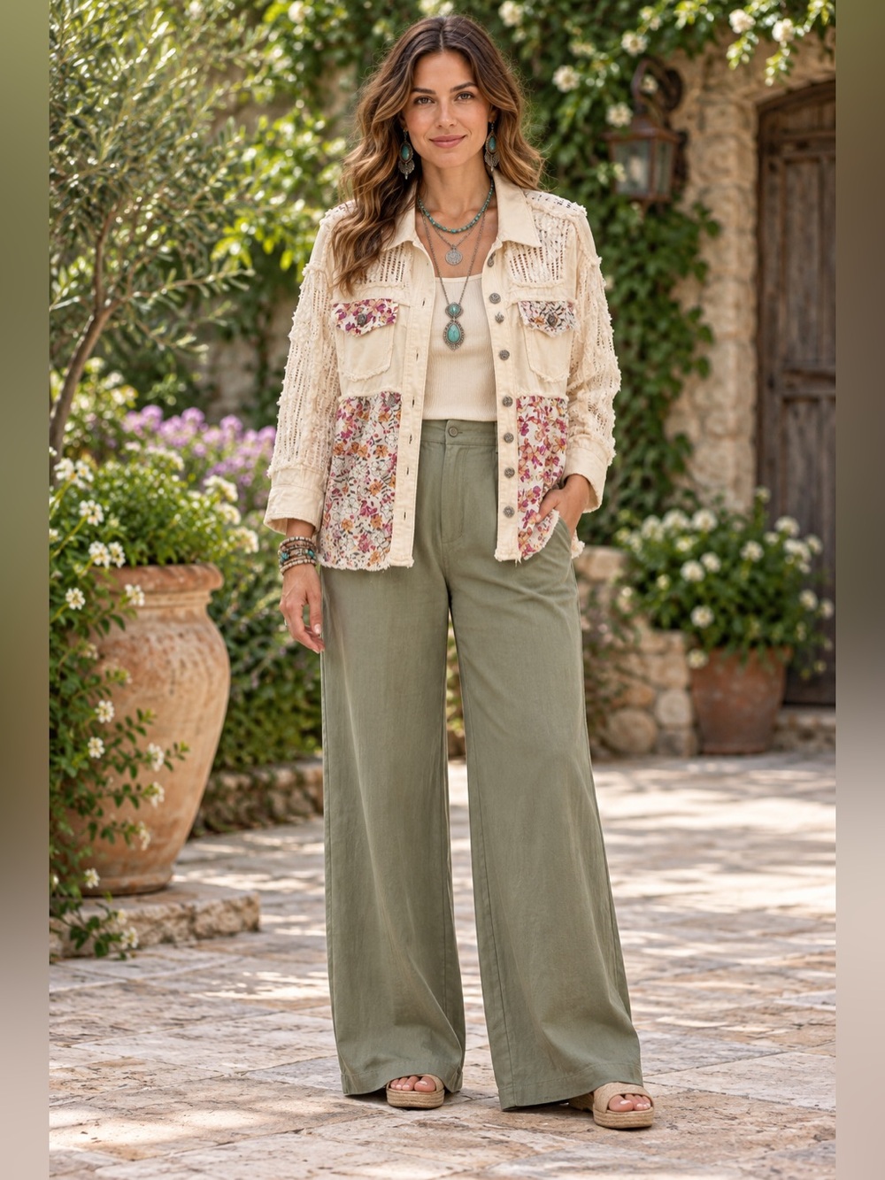 H232 New POL M ptp22 Floral Patchwork Cream Button-Up Jacket Top